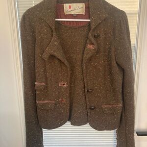 Anthropologie Laureate Lane Women's Olive Green Tweed Wool Sweater Blazer